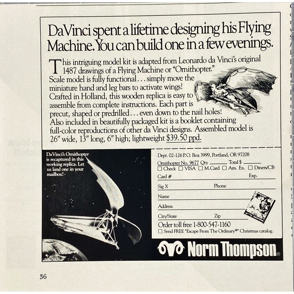 Norm Thompson DaVinci Flying Machine Model Kit "Build One" Vintage Print Ad 1986